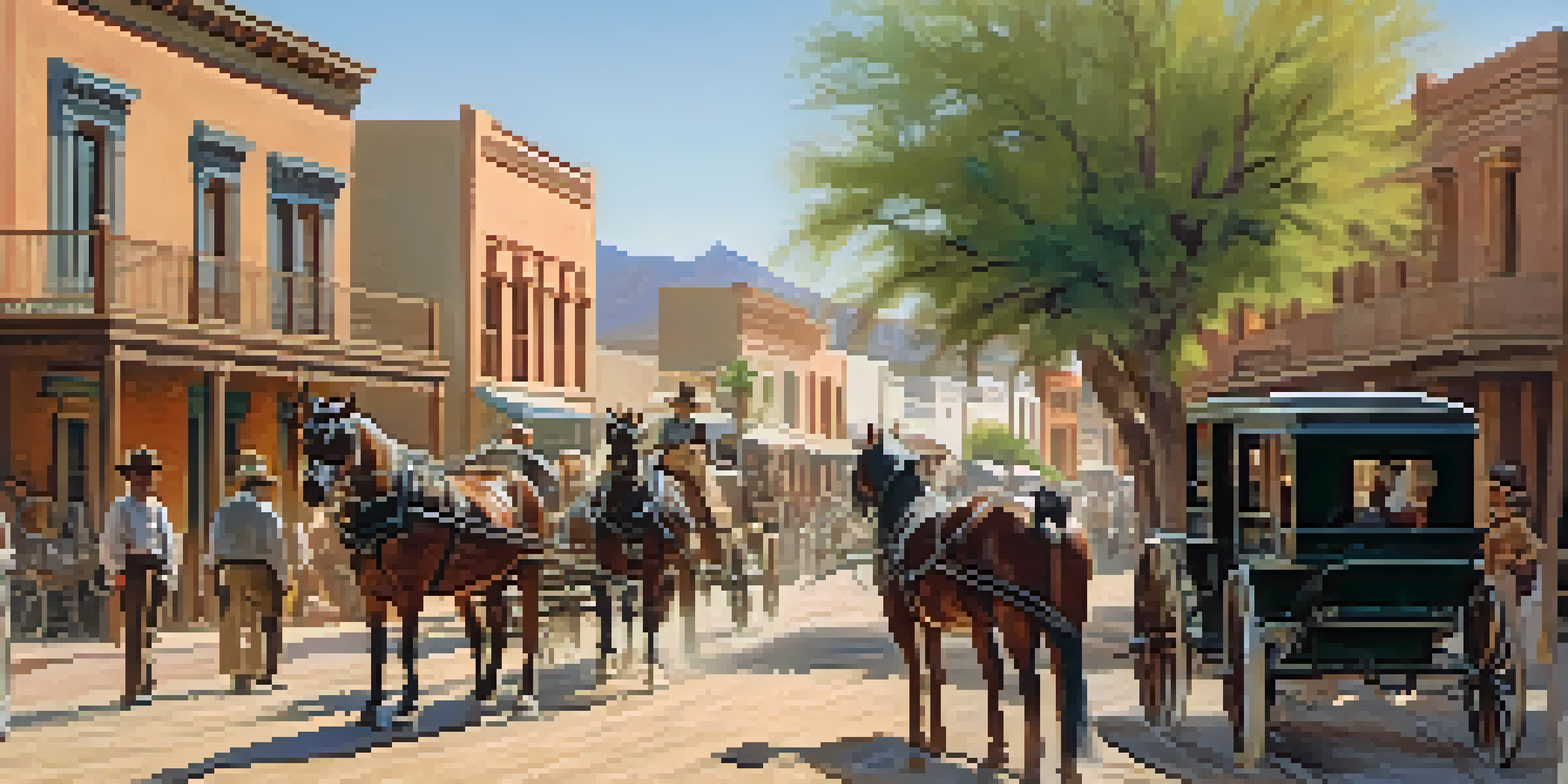 A historic street scene in Tucson featuring horse-drawn carriages and adobe buildings, capturing the essence of the late 19th century.