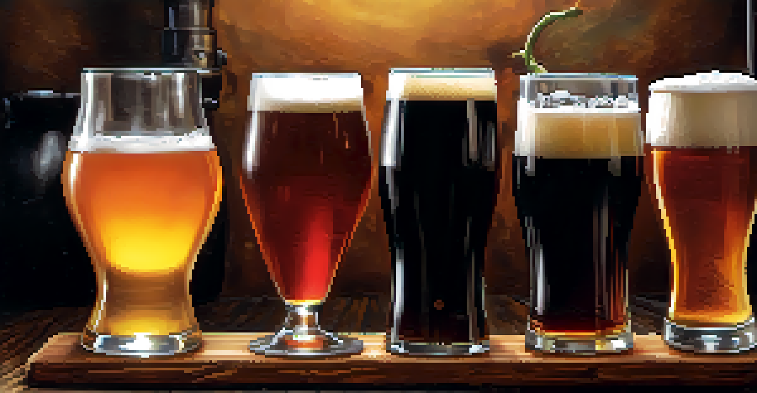 A close-up of a flight of craft beers on a rustic table, showcasing different colors and textures against brewing equipment.