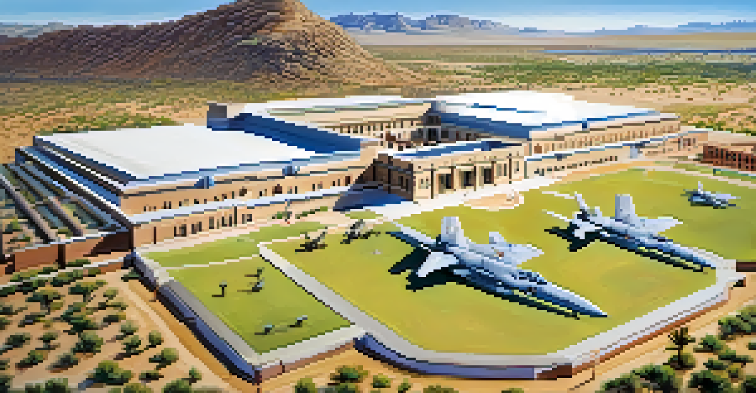 Aerial view of Fort Huachuca showcasing its historical buildings and training facilities surrounded by mountains and desert.