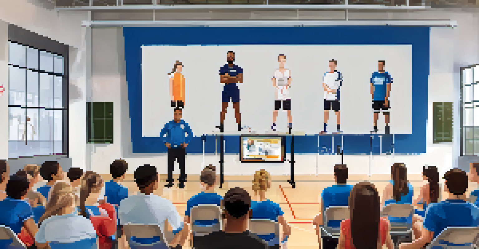 A community workshop on sports medicine, with a speaker presenting to an engaged audience in a gym setting.