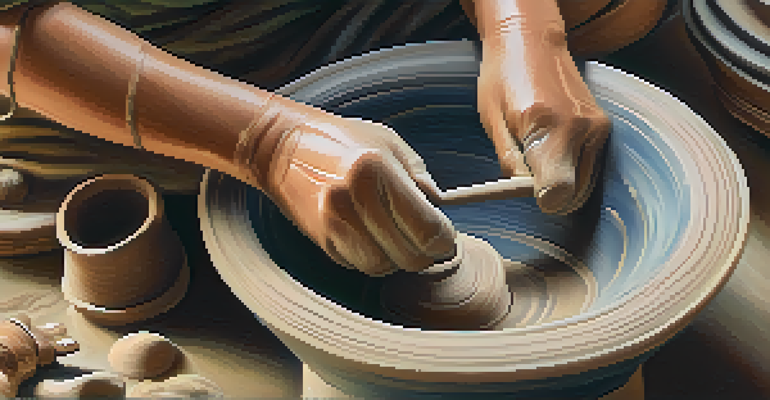 A close-up of a potter's hands shaping clay with the coiling technique in a cozy pottery studio filled with colorful pottery.