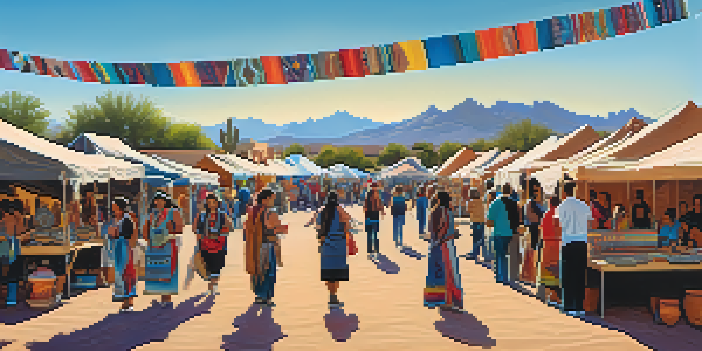 A lively arts festival in Tucson featuring Native American artists and their colorful artworks, with attendees participating in workshops under a sunny sky.