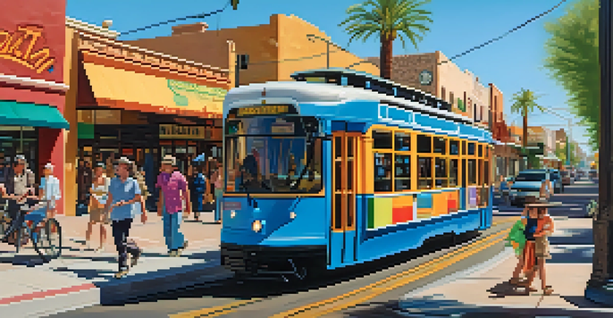 A busy Tucson street with a streetcar, pedestrians, and cyclists, showcasing the city's commitment to sustainable transportation.