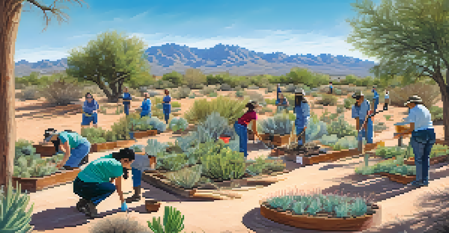 Community members participating in a conservation workshop in Tucson, planting native plants under a clear blue sky.
