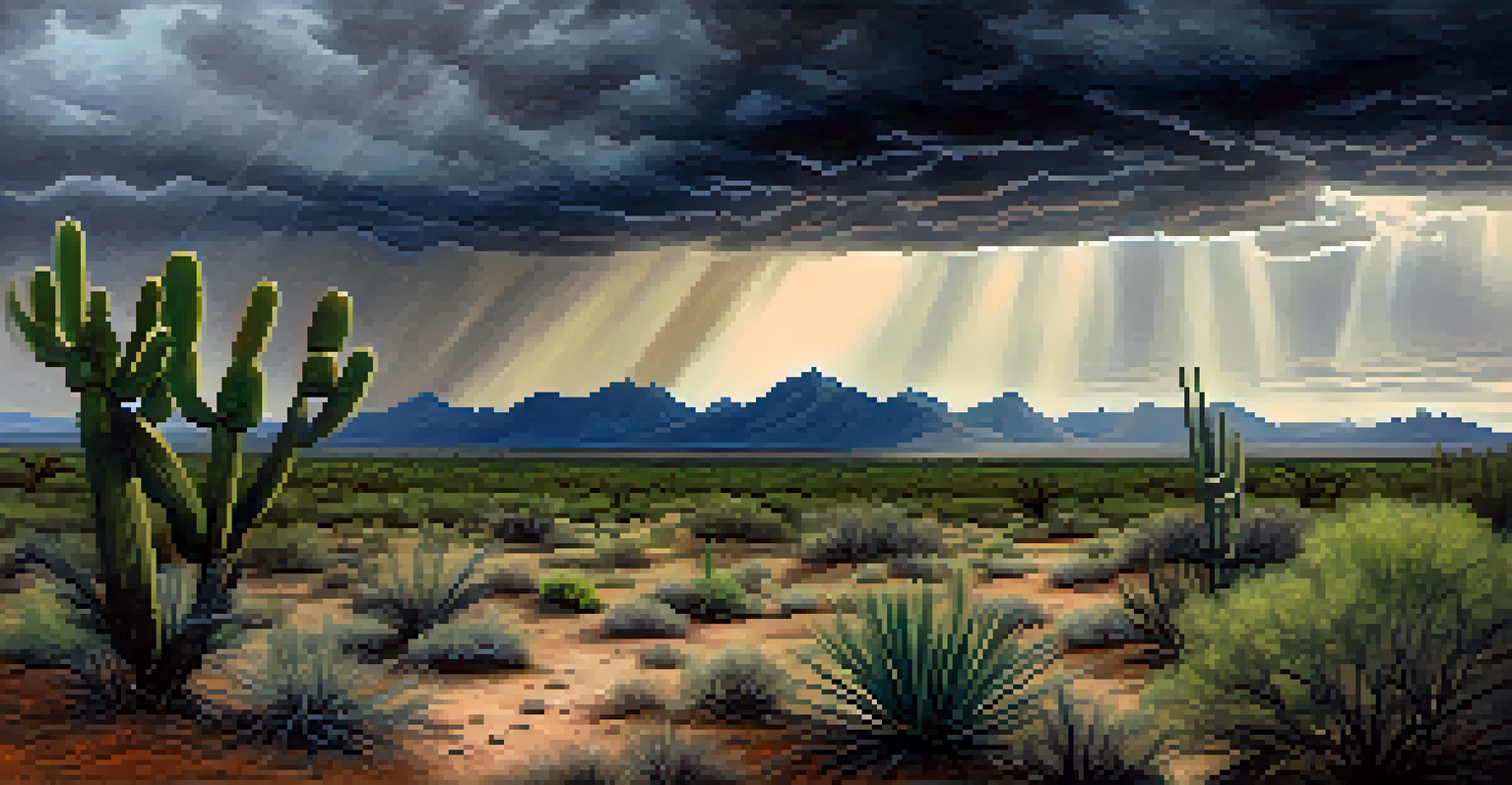 A wide shot of the Tucson desert during a rain shower, showcasing the contrast between the dark clouds and the vibrant landscape.