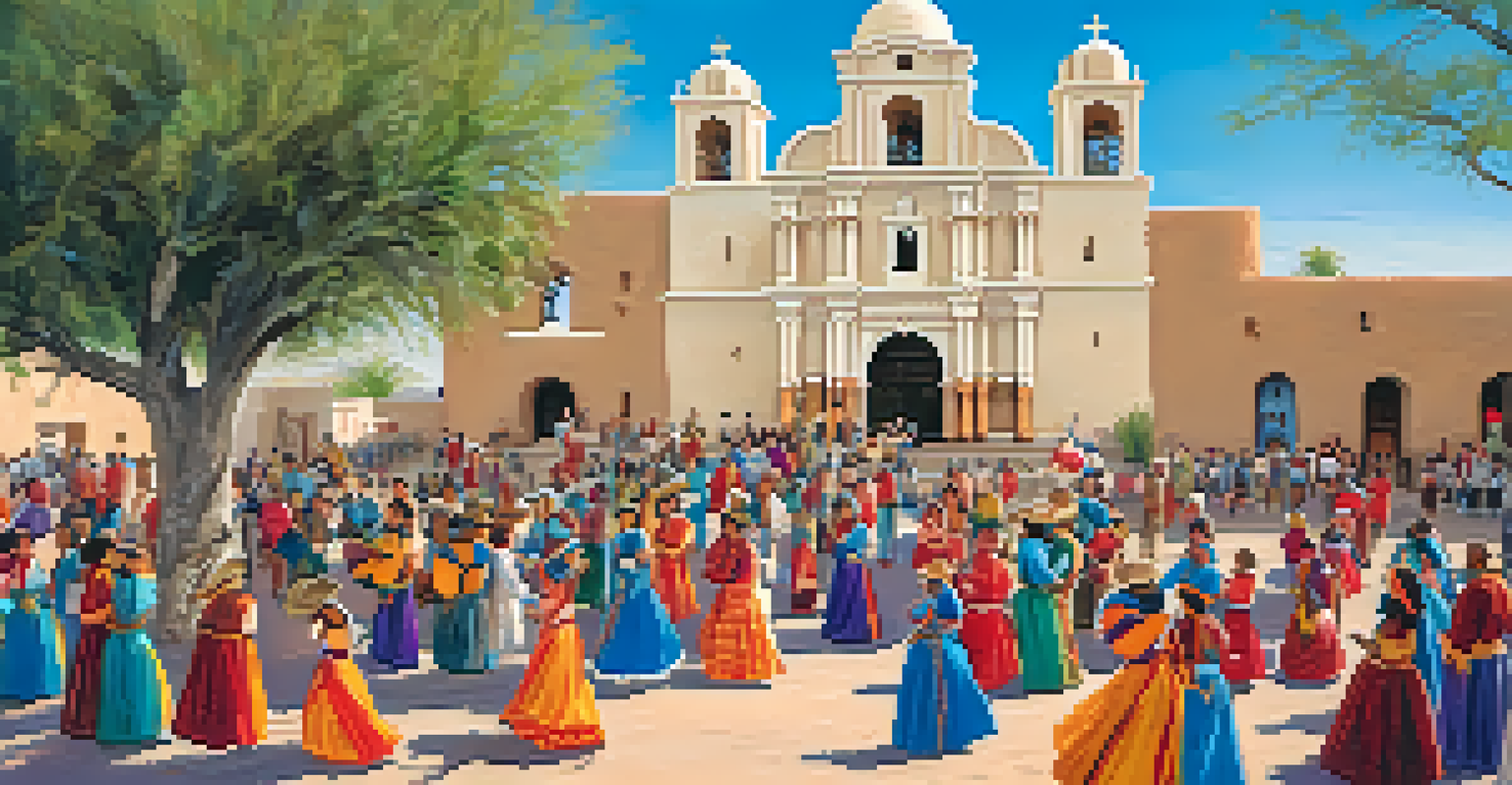 A community event at Mission San Xavier del Bac, featuring people celebrating with decorations and music.