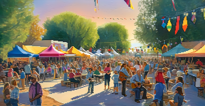 A lively outdoor festival scene with musicians performing and a diverse crowd enjoying folk music under sunny skies.