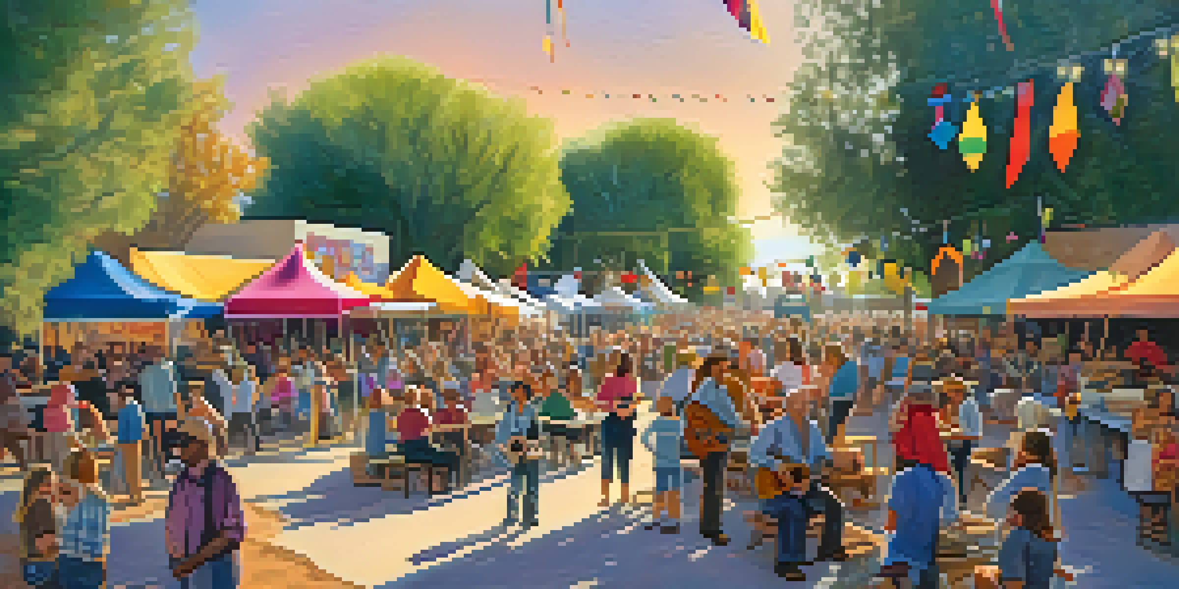 A lively outdoor festival scene with musicians performing and a diverse crowd enjoying folk music under sunny skies.