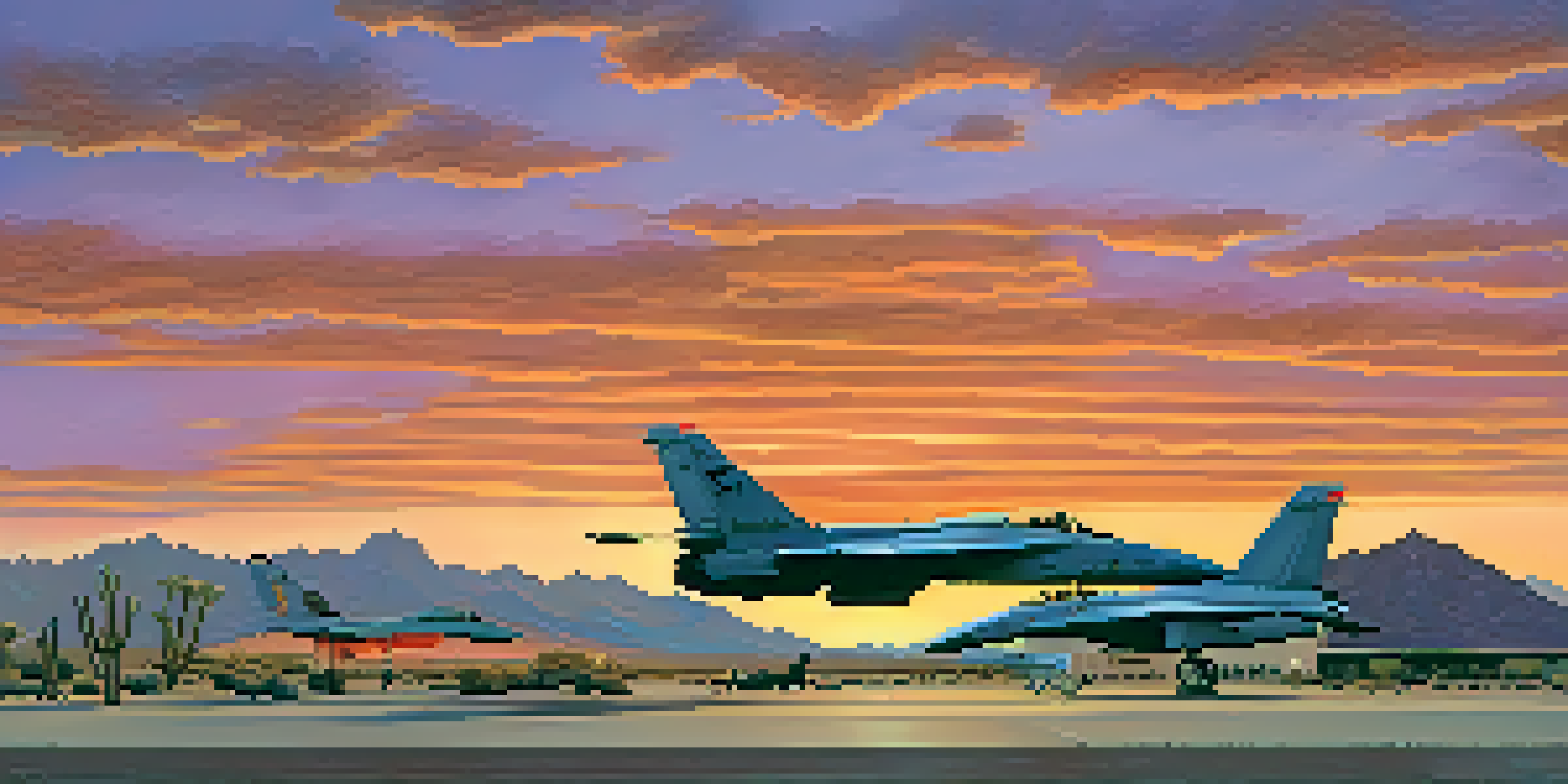A sunset view of Davis-Monthan Air Force Base with fighter jets silhouetted against a colorful sky and desert plants in the foreground.