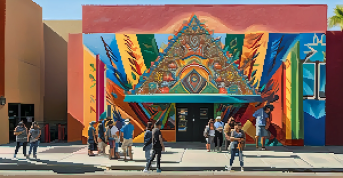 A vibrant mural on a Tucson theater depicting local culture, with artists painting and community members watching.