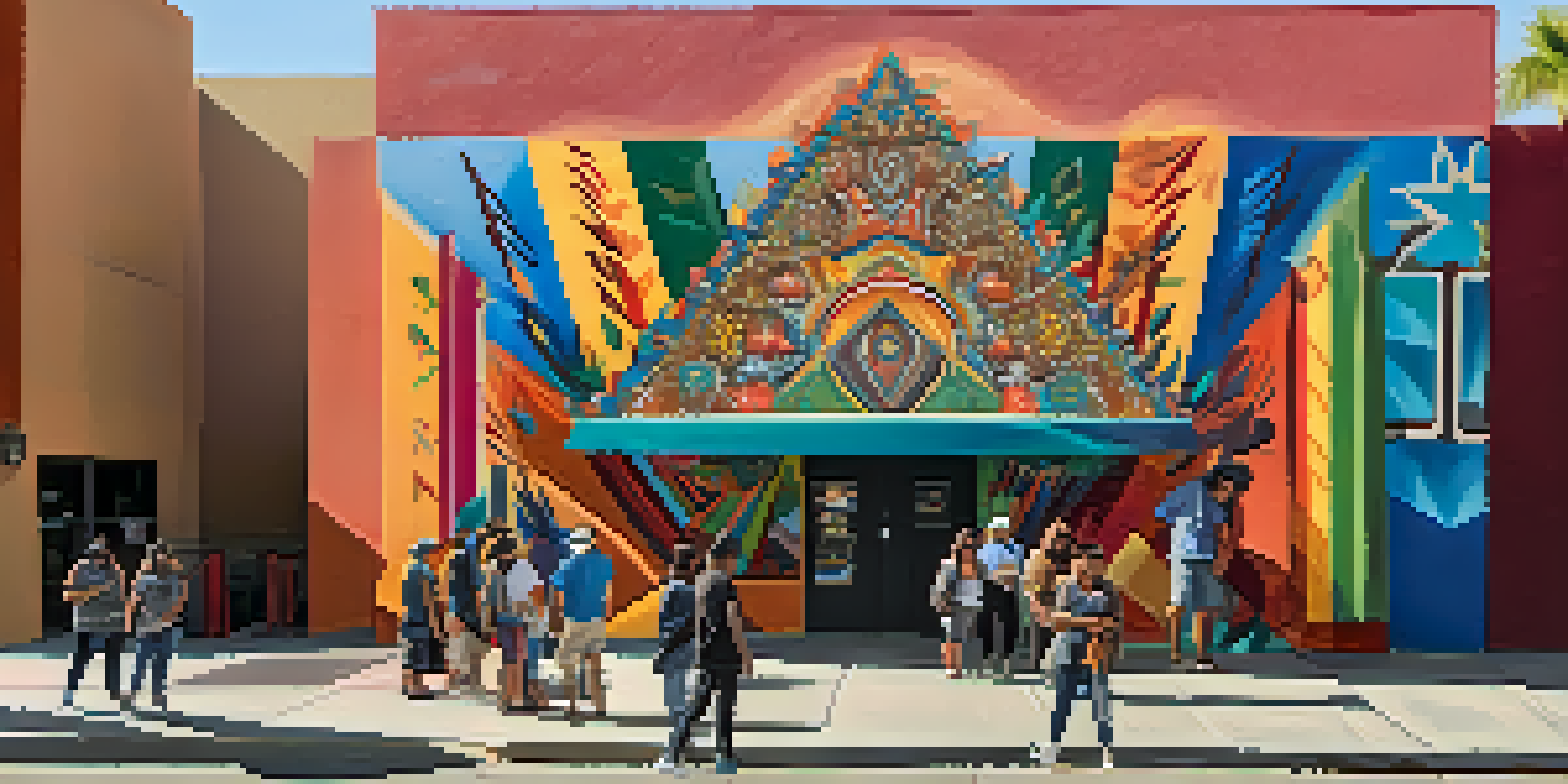A vibrant mural on a Tucson theater depicting local culture, with artists painting and community members watching.