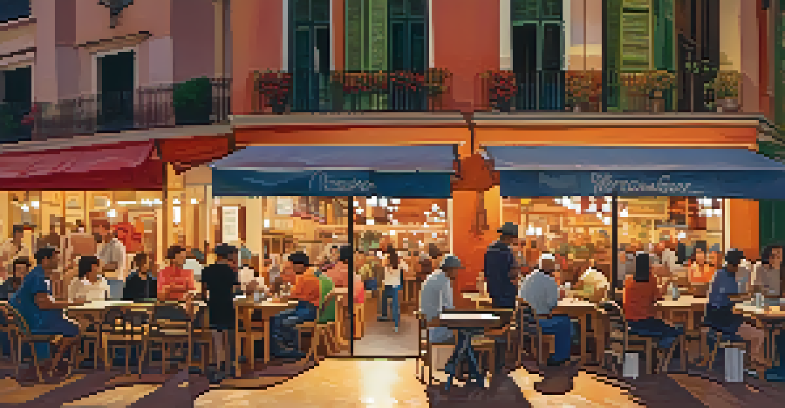 A bustling Mercado San Agustin with vibrant public art and people enjoying the evening atmosphere.