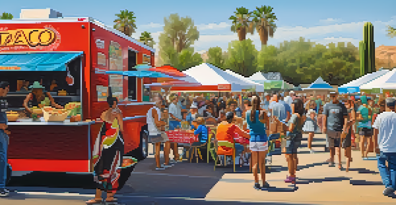 Families enjoying tacos and live entertainment at the Tucson Taco Festival, surrounded by food trucks and a lively atmosphere.