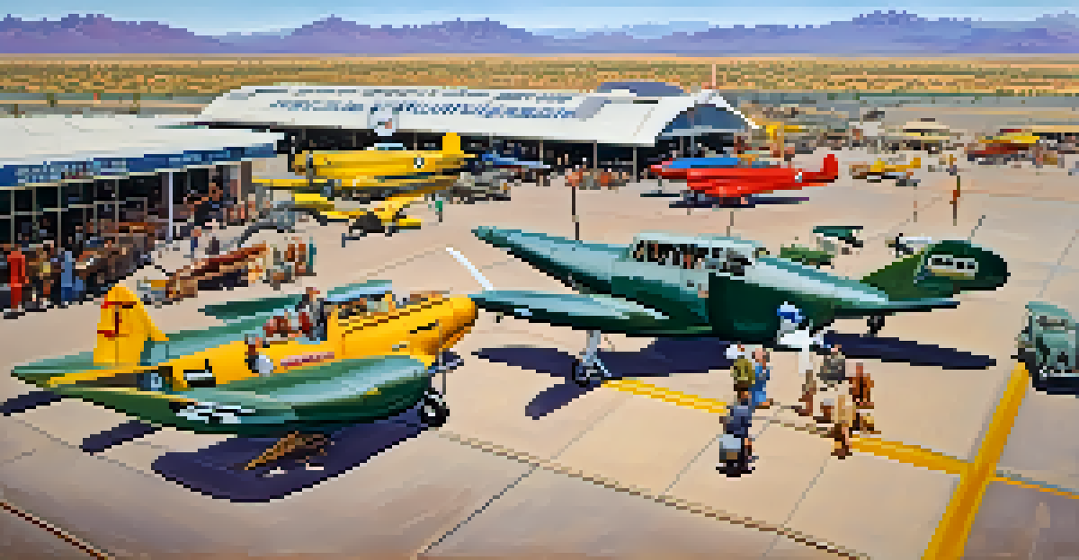 Aerial view of Tucson Municipal Airport in the late 1940s with vintage aircraft and busy passengers.