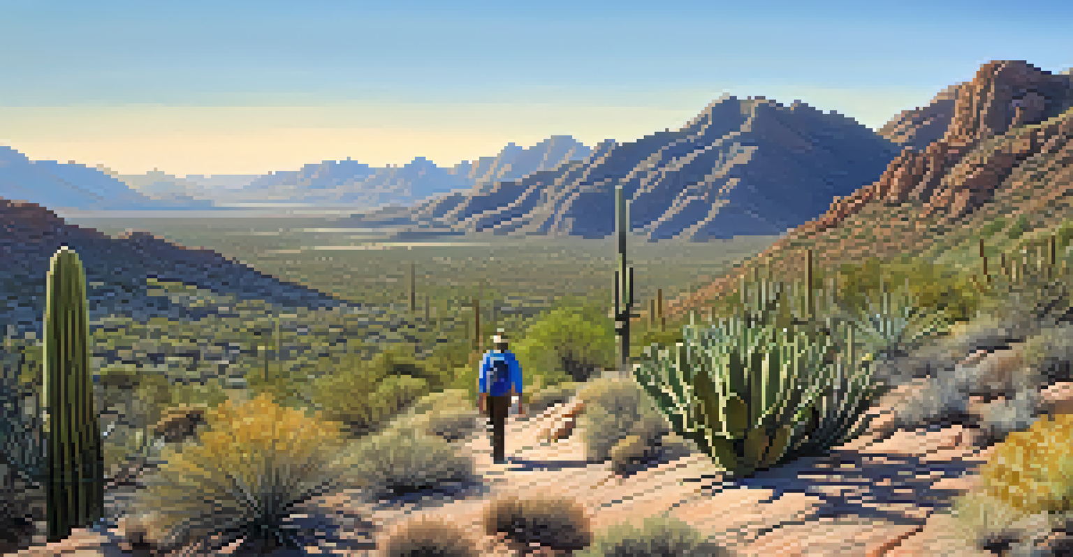 A hiker on the Mica View Trail with towering saguaros and mountains in the background.