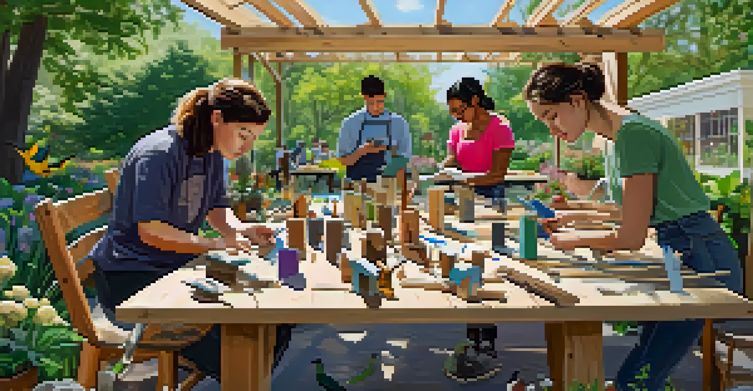 Students participating in a workshop to build birdhouses in a garden setting.