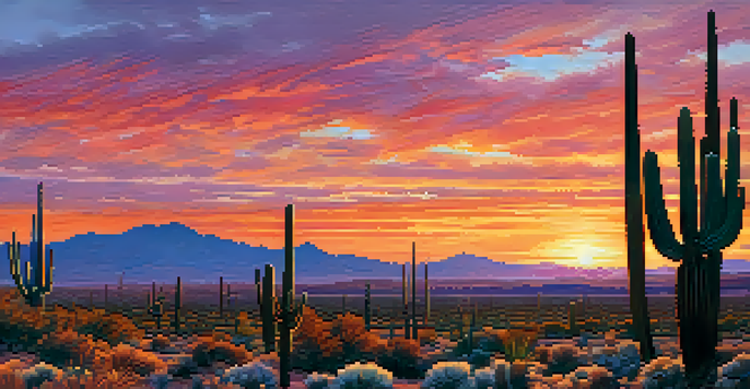 A picturesque sunset in Saguaro National Park with tall cacti silhouetted against a colorful sky.