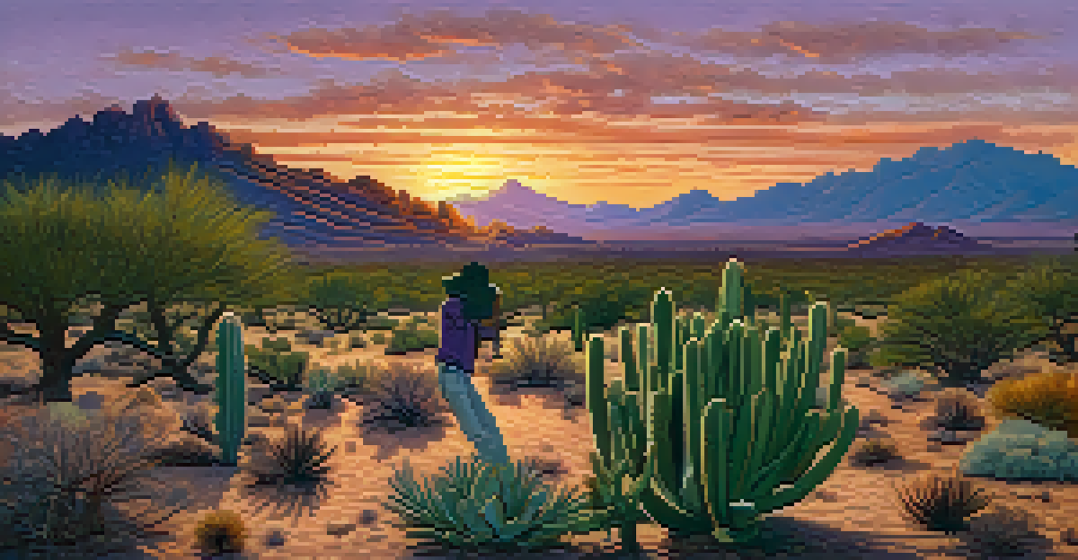 A sunset view of Tucson's desert with cacti silhouettes and an artist painting the landscape in warm colors.