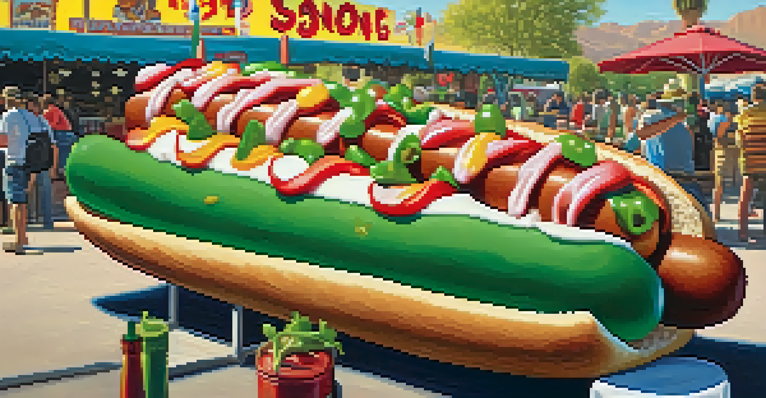 A close-up of a Sonoran hot dog with toppings at a food stall during a film festival.
