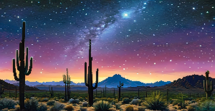 A starry night sky over the Tucson desert, featuring saguaro cacti and a telescope, with the Milky Way visible.