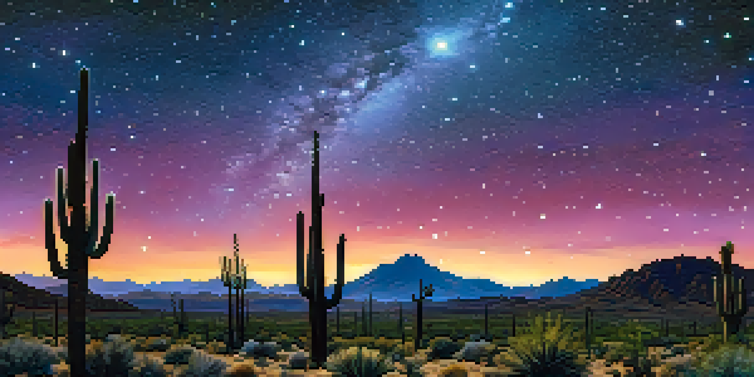 A starry night sky over the Tucson desert, featuring saguaro cacti and a telescope, with the Milky Way visible.