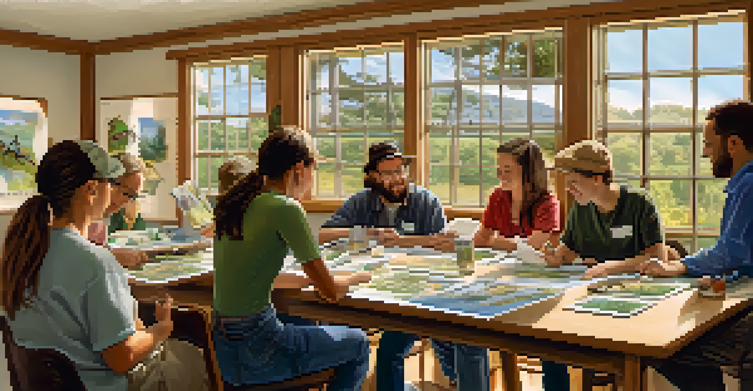 Community members participating in a wildlife education workshop, learning about local species with educational materials on a table.
