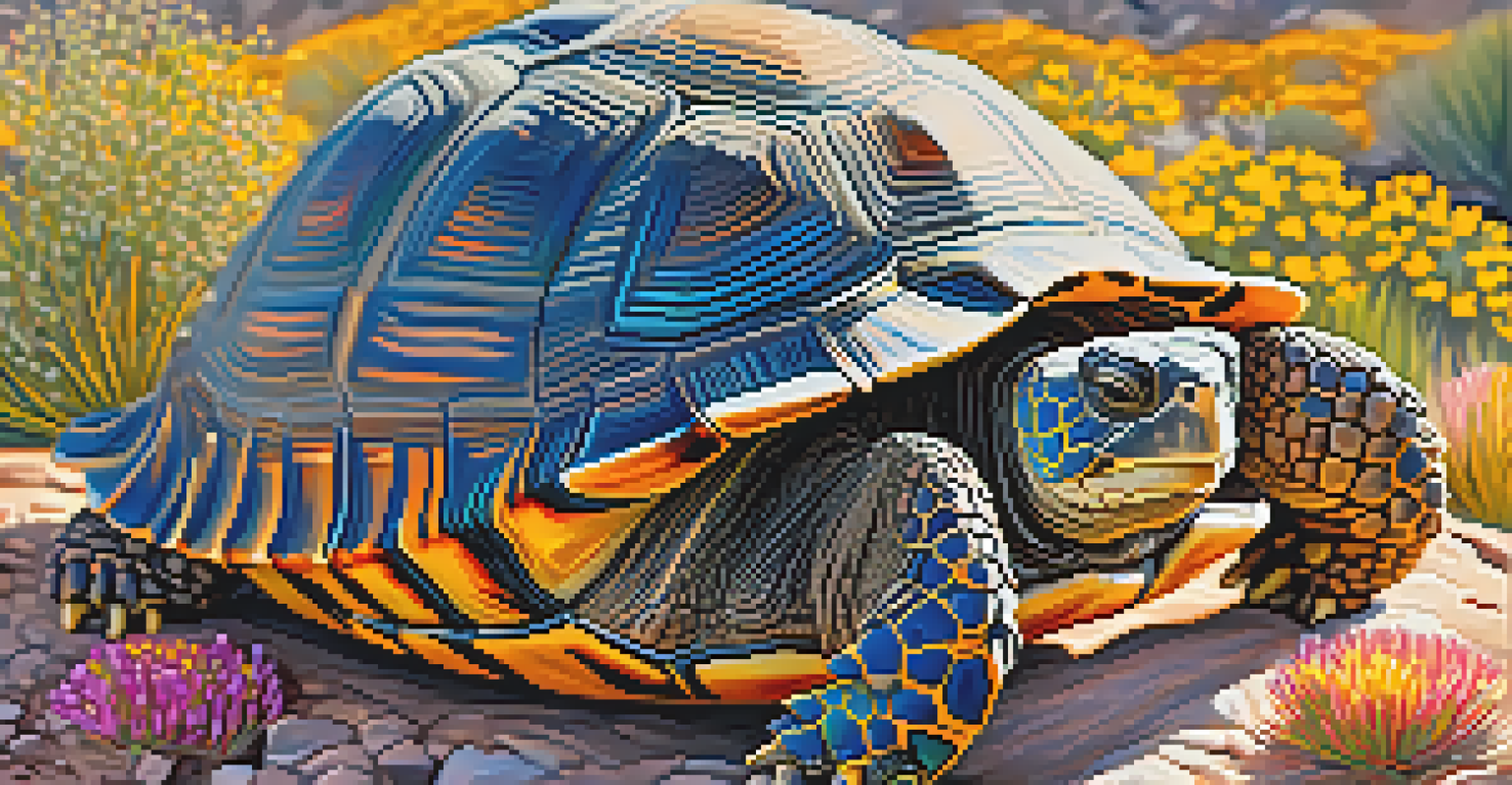 A close-up of a Sonoran Desert tortoise on rocky ground surrounded by colorful desert wildflowers.