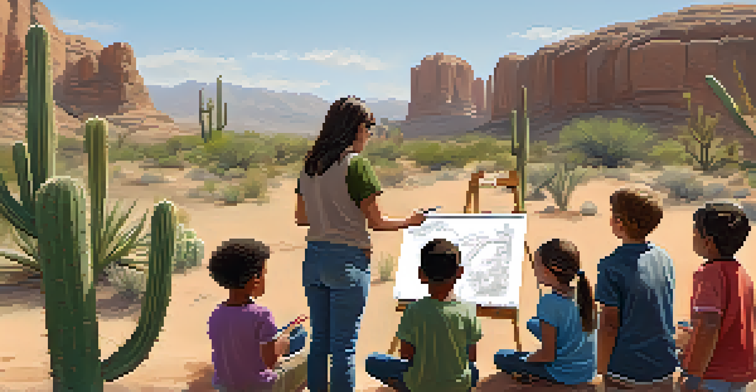 A volunteer leading a nature walk for children in a desert landscape, pointing out local plants while the children listen and take notes.