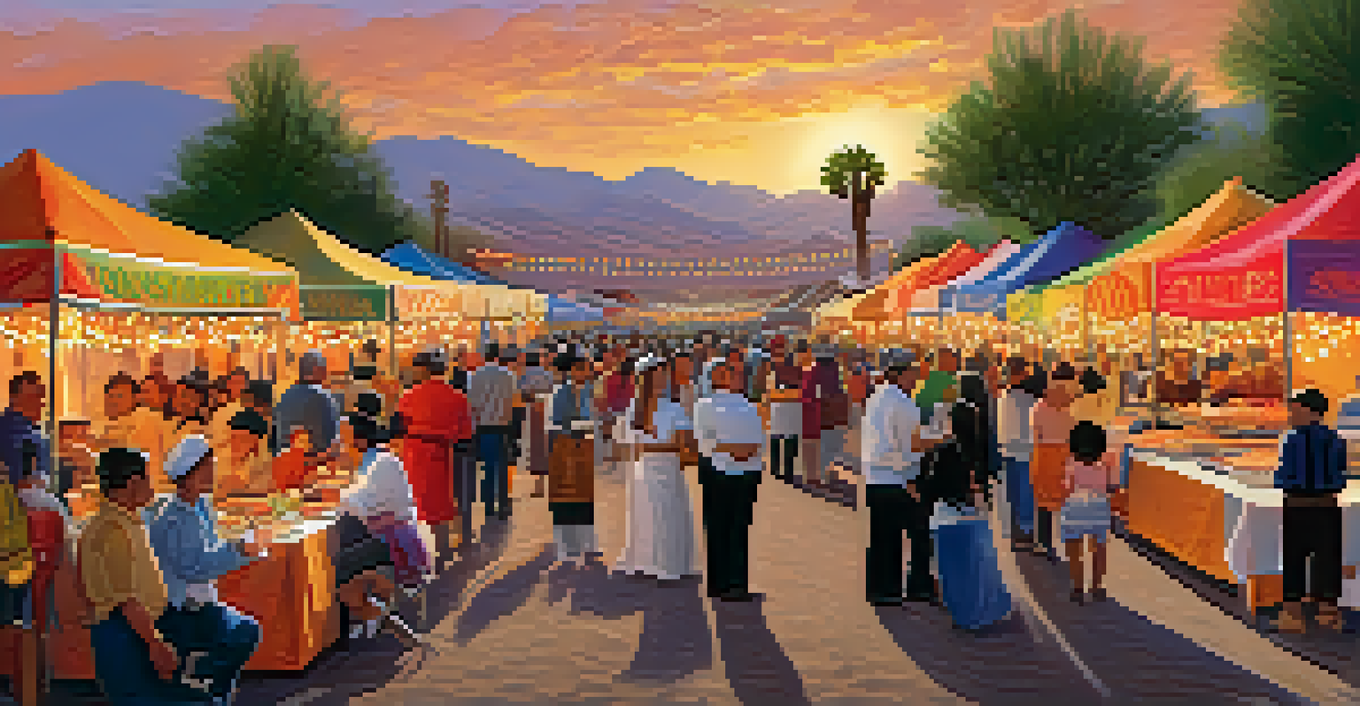 A vibrant cultural festival in Tucson with food stalls, people enjoying dishes, and festive decorations.