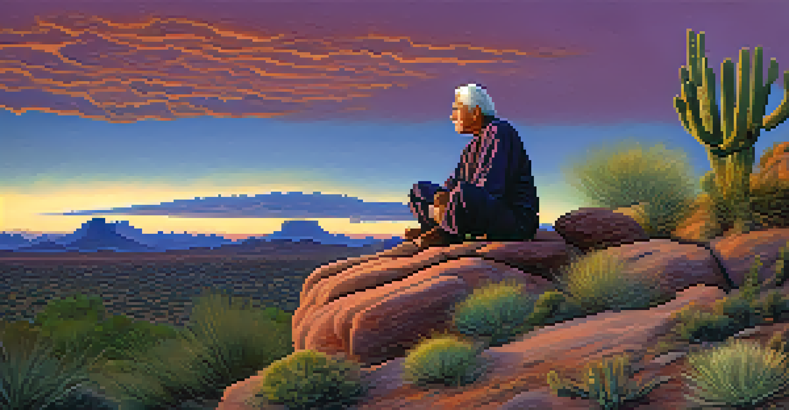 A peaceful Sonoran Desert landscape at dusk with an elder from the Tohono O'odham tribe sitting on a rock, sharing stories.