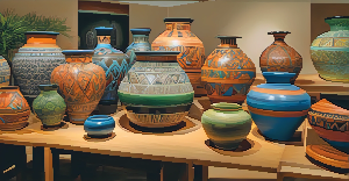 A lively pottery exhibition in Tucson with artists and visitors surrounded by colorful ceramic pieces on wooden tables and soft lighting.