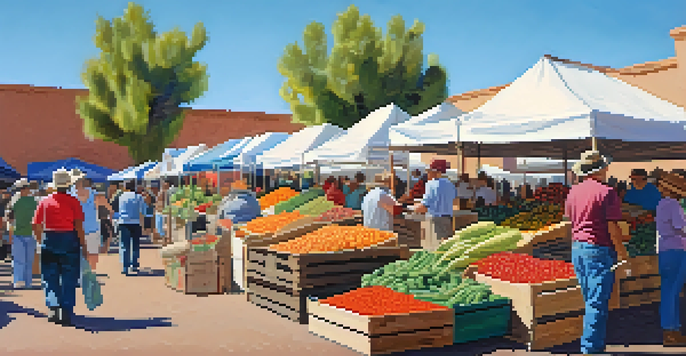 A bustling farmers' market in Tucson with colorful local produce and friendly vendors.
