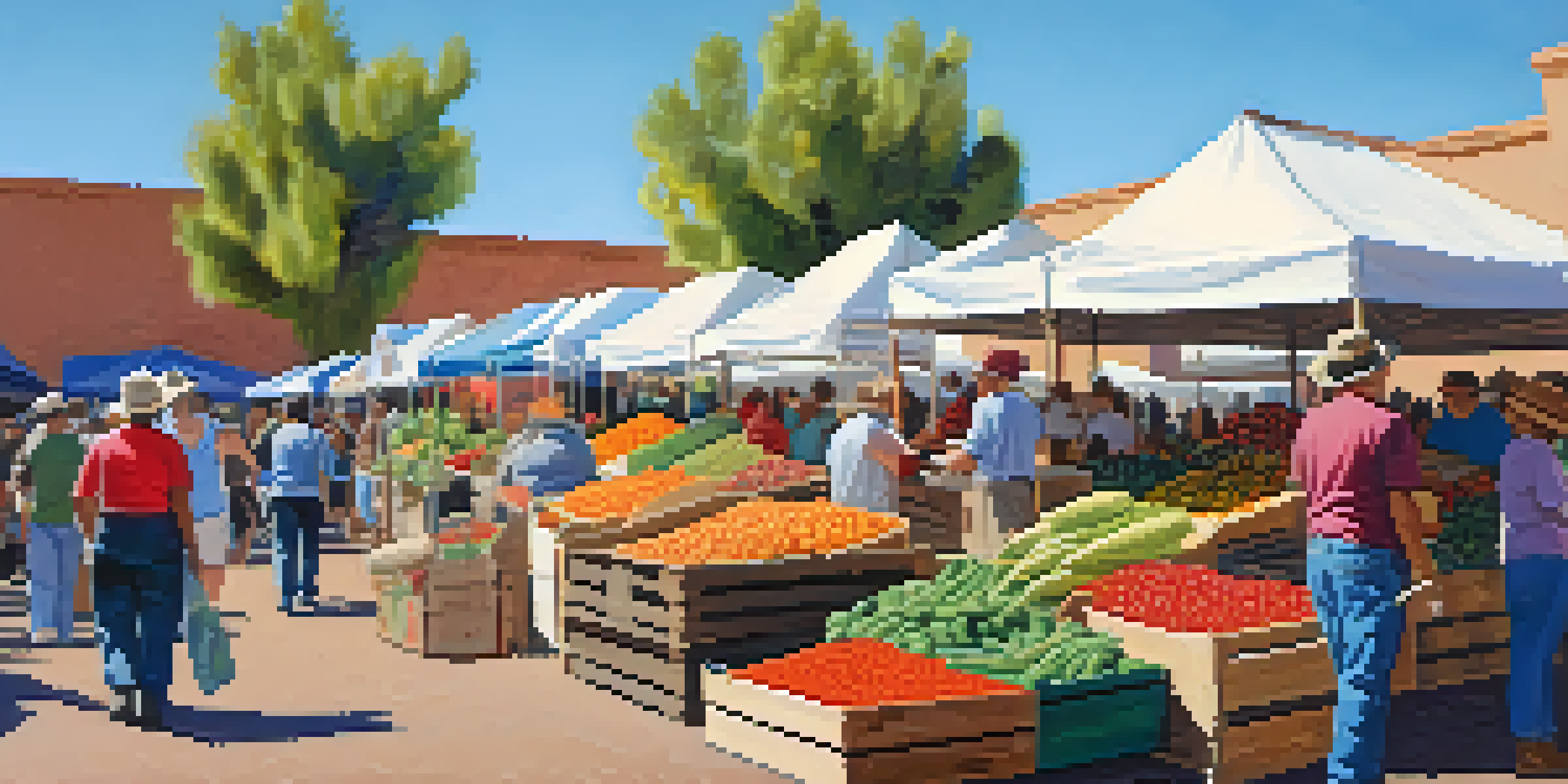 A bustling farmers' market in Tucson with colorful local produce and friendly vendors.