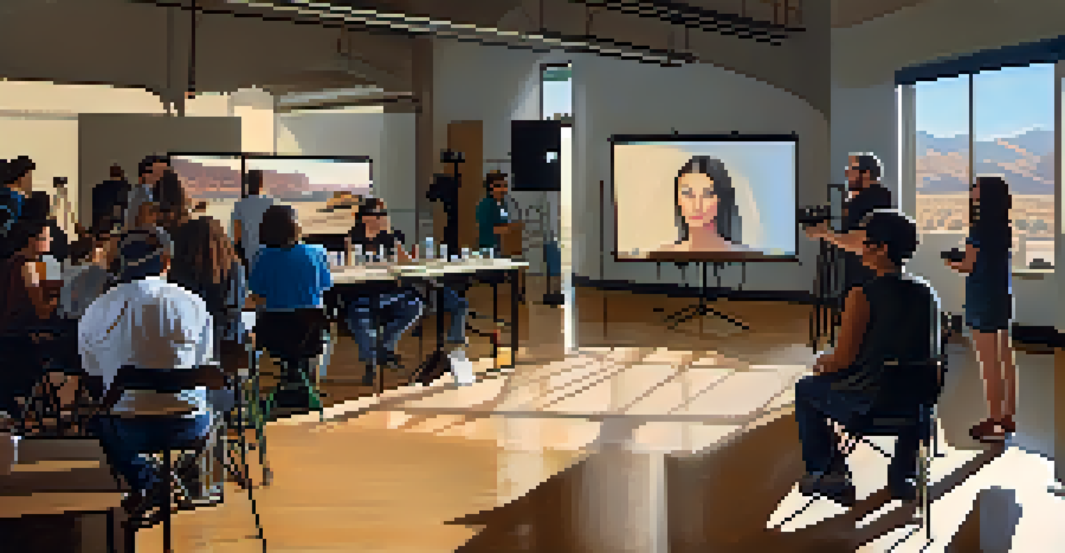 An indoor workshop for aspiring filmmakers at Tucson Film Festival, showcasing diverse participants learning about cinematography with modern equipment.