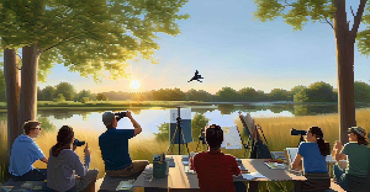 Volunteers observing and counting local birds near a pond, with trees around and a sunset casting golden light.