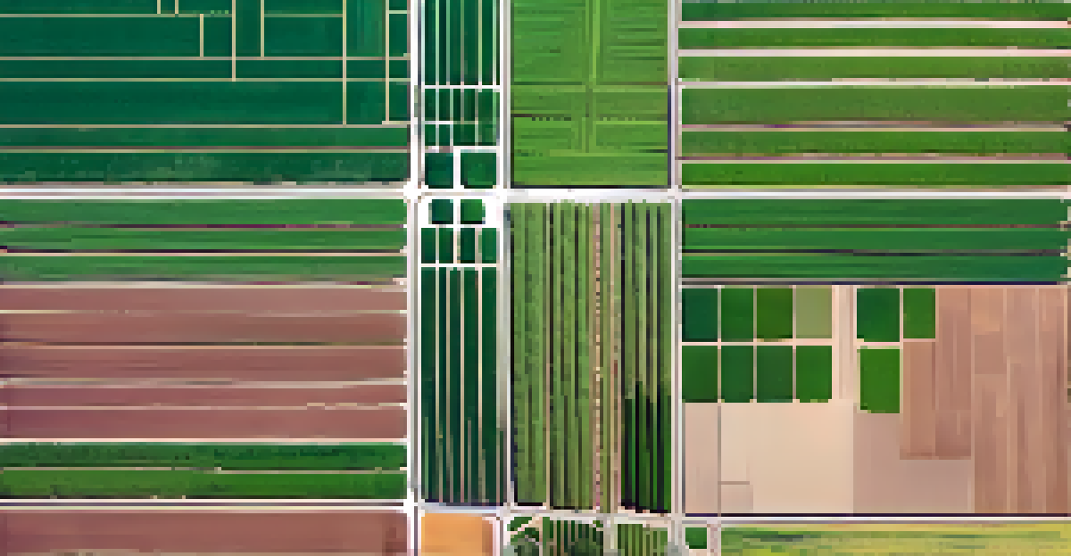 An aerial view of a diverse agricultural field with sections of crops, farmers using technology, and a clear blue sky.
