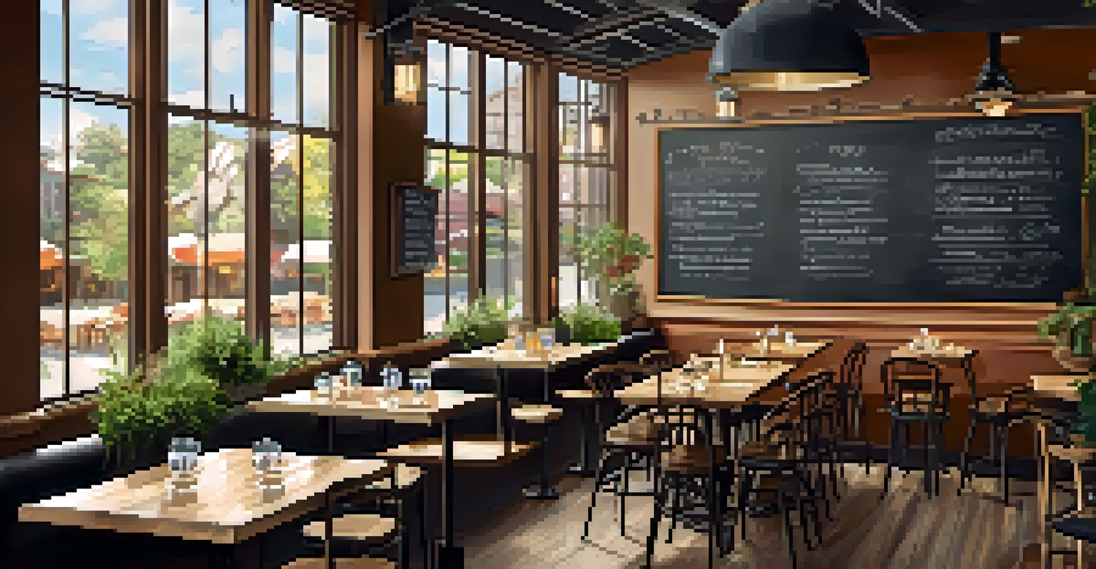 Interior of a trendy restaurant with a farm-to-table theme, featuring a chalkboard menu and diners enjoying local dishes.