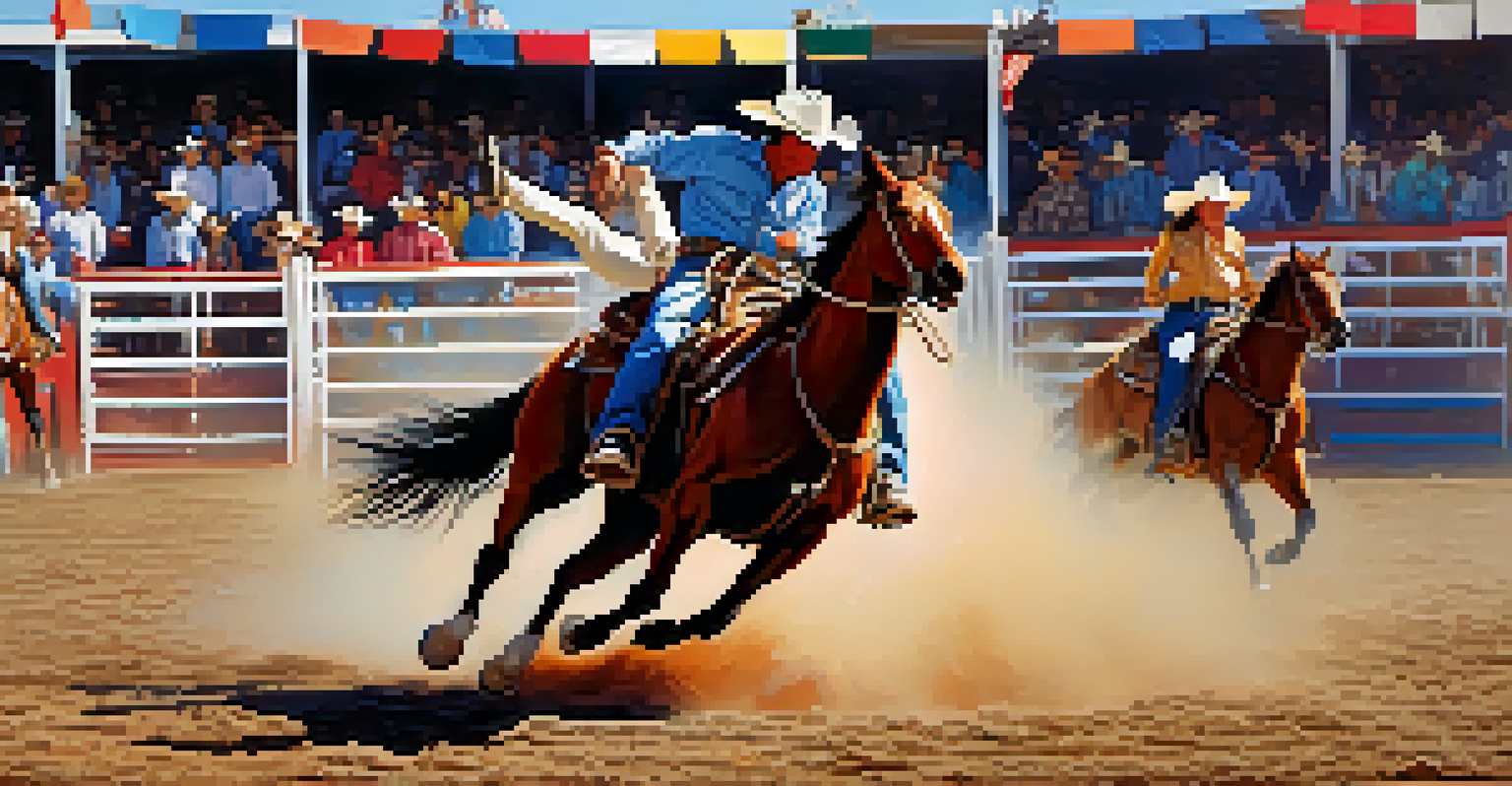 A cowboy riding a bucking bronco at the Tucson Rodeo, with cheering spectators in the background.