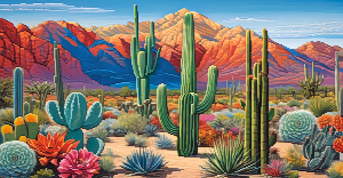 A colorful mural showcasing a desert landscape with cacti and flowers under a blue sky.