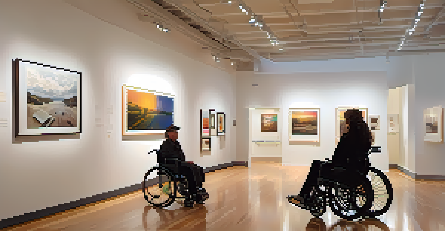 An accessible art gallery with artworks displayed, featuring wheelchair ramps and Braille signage, warmly lit and filled with diverse visitors appreciating the art.