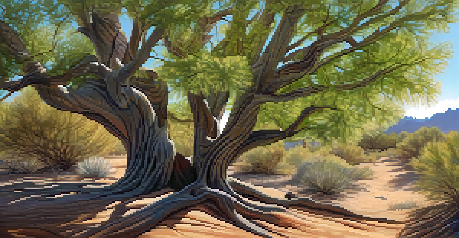 A close-up of a native tree in Tucson, focusing on its bark and leaves with sunlight illuminating the vibrant green color.