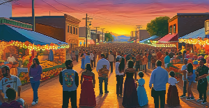 A lively street scene in Tucson celebrating Dia de los Muertos, with colorful altars and traditional attire.