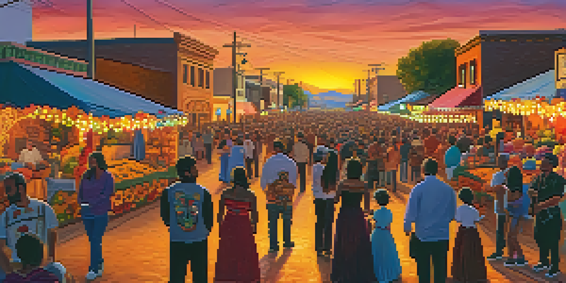 A lively street scene in Tucson celebrating Dia de los Muertos, with colorful altars and traditional attire.