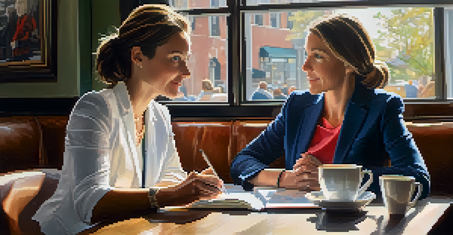 An experienced female politician mentoring a young leader in a cozy cafe, with coffee cups and notebooks on the table.