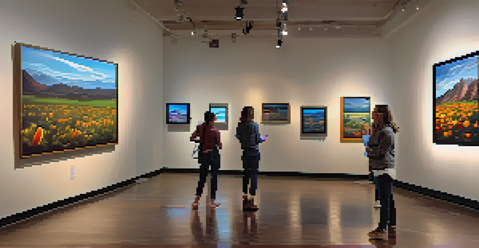 Visitors interacting with digital art exhibits in a cozy Tucson gallery, illuminated by soft lights.