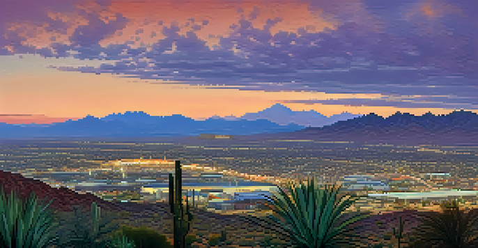 A panoramic view of Tucson, Arizona, featuring the desert landscape, Santa Catalina Mountains at sunset, and a modern research facility.