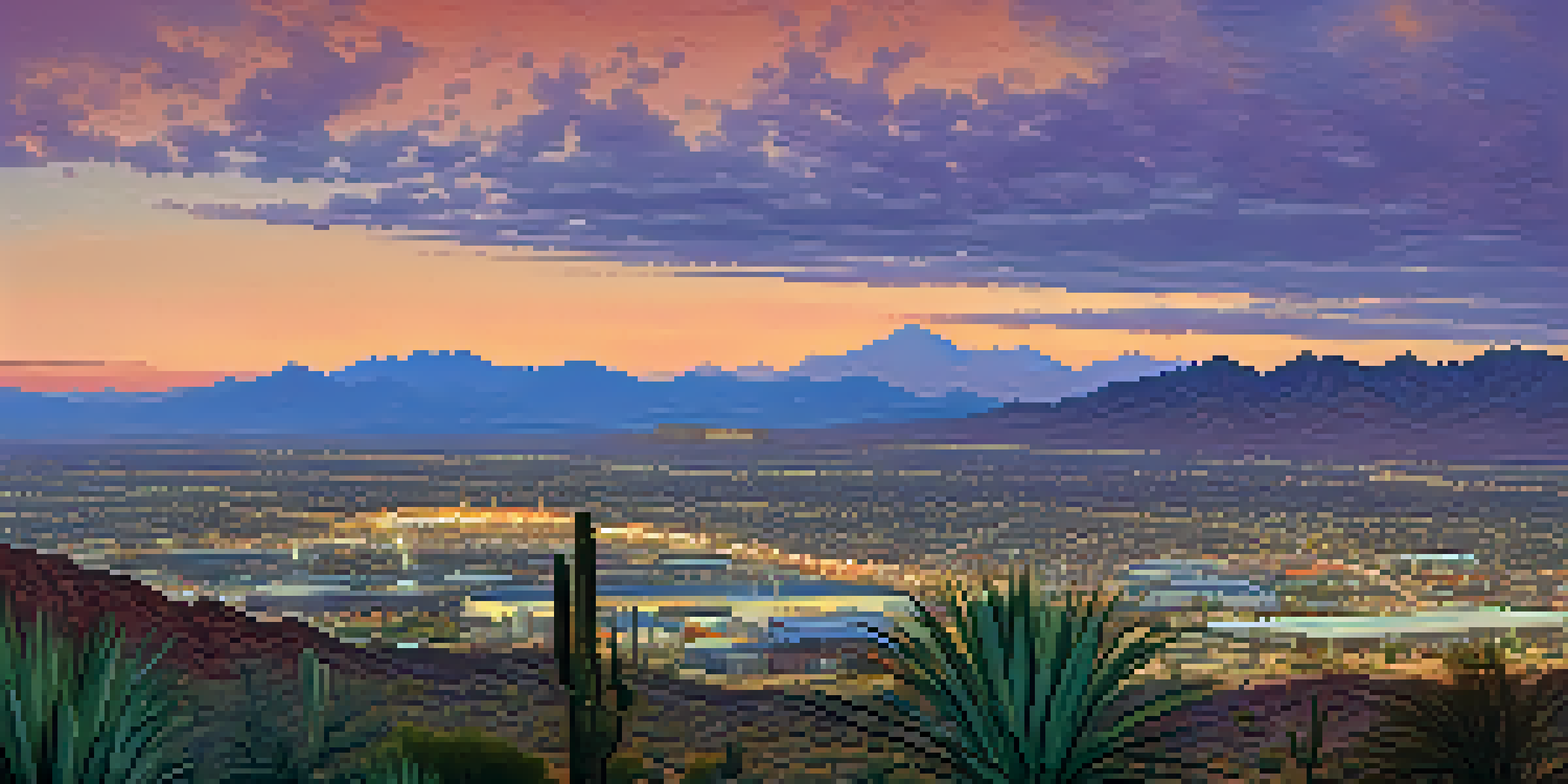 A panoramic view of Tucson, Arizona, featuring the desert landscape, Santa Catalina Mountains at sunset, and a modern research facility.