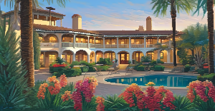 A peaceful garden scene at the Arizona Inn with colorful flowers and palm trees, featuring the historic adobe-style buildings in the background, illuminated by the soft glow of sunset.