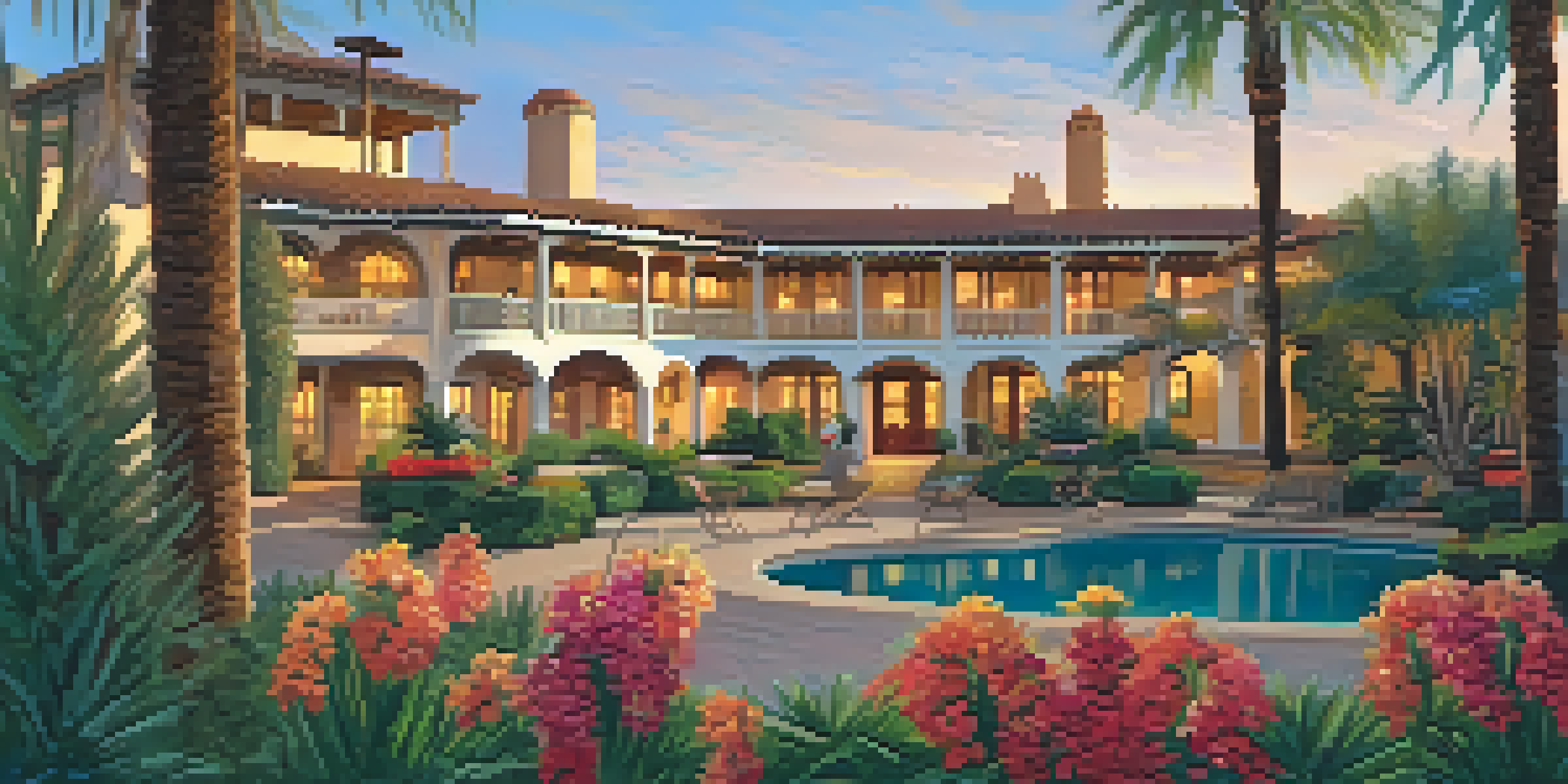 A peaceful garden scene at the Arizona Inn with colorful flowers and palm trees, featuring the historic adobe-style buildings in the background, illuminated by the soft glow of sunset.