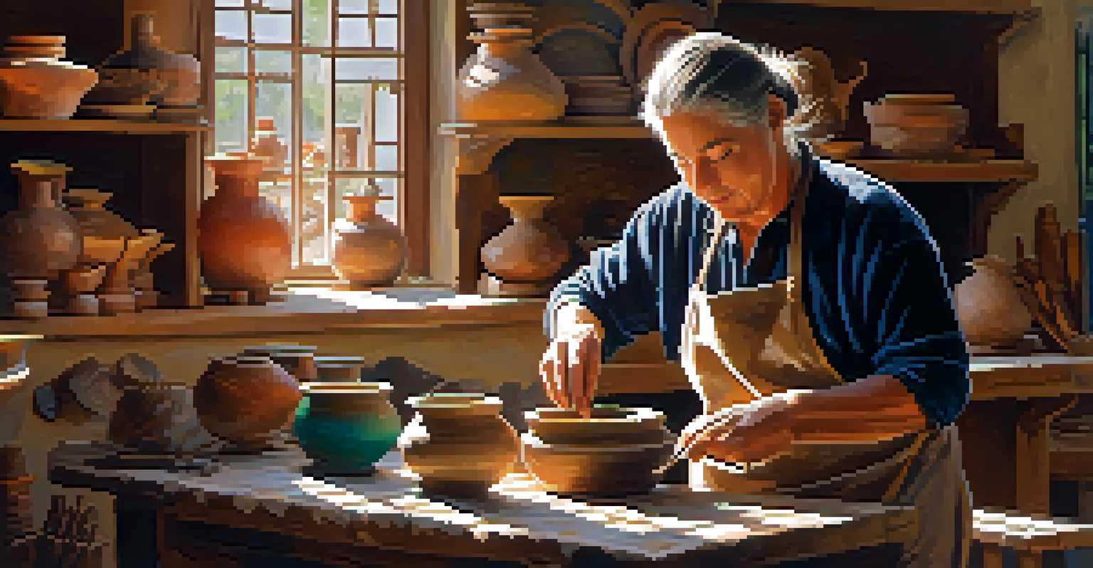 An artisan shaping pottery in a sunlit workshop, surrounded by handmade items and natural light.